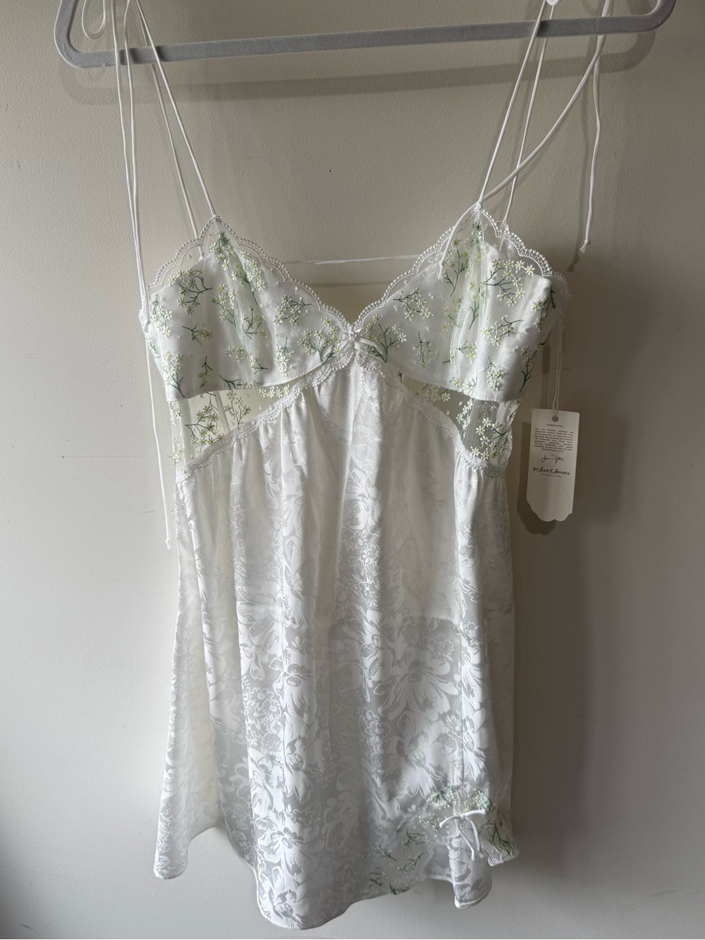 For Love & Lemons White Satin Silk Slip with Baby’s Breath Floral Embroidery